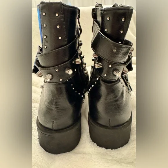 Rhinestone & Studded Black/Silver Combat Boots 9 - Picture 3 of 7